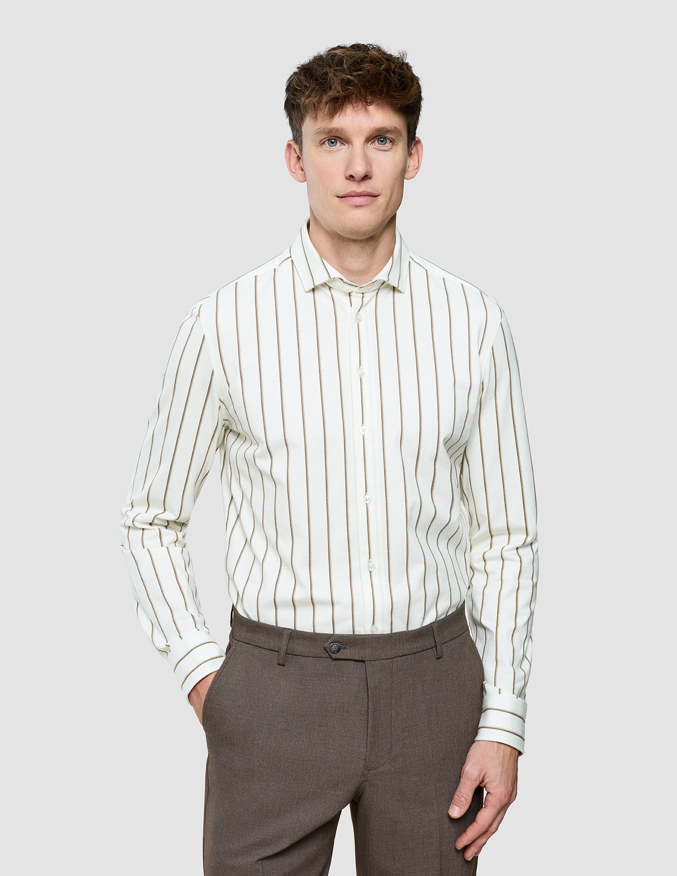 Classic Shirt Sand Herringbone Stripes Slim